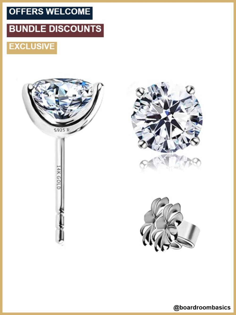 4-Prong Cubic Zirconia Stud Earrings 925 Silver Gold Plated Push Back